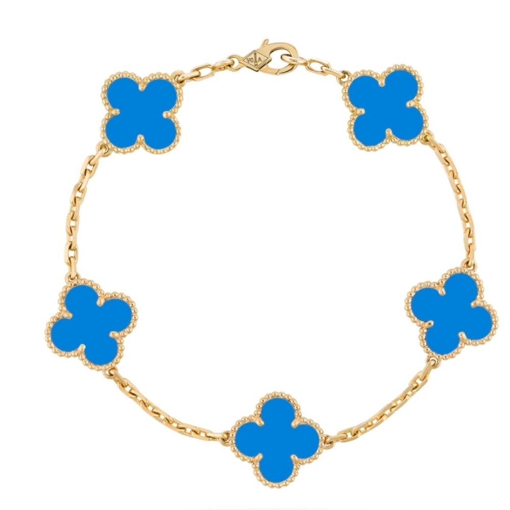 Van Cleef & Arpels 5 Motif Blue Agate Clover Bracelet 18k Yellow Gold, Brand New